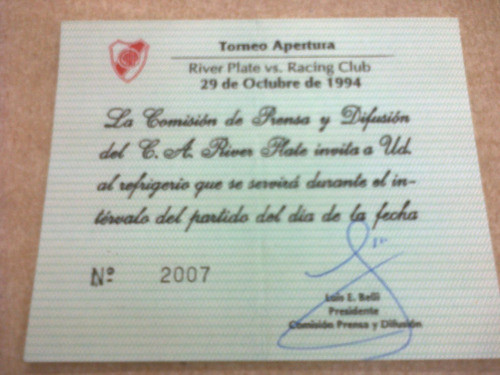 Invitacion Refrigerio De Entretiempo River - Racing 1994 0