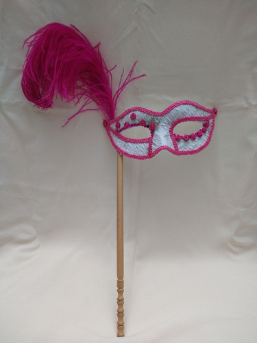 Antifaz Signora Maschera Con Bastoncillo Tallado Y Pluma 0