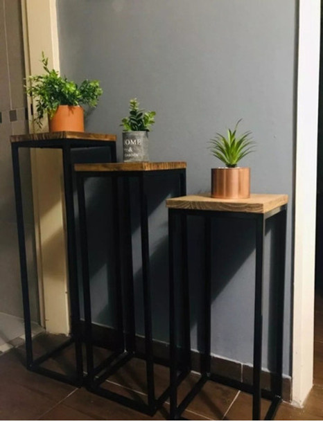 Porta Maceta X3  Hierro Madera Estilo Industrial 0