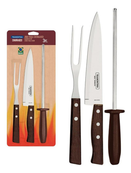 Juego P/asado Tramontina Churrasco C/afilador Madera Natural 0