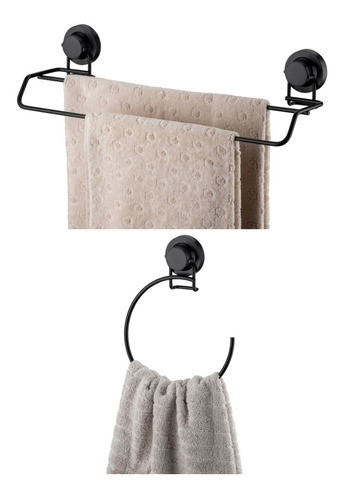 Kit Toalheiro Argola Porta Toalha Duplo Ventosa Preto Fosco 0