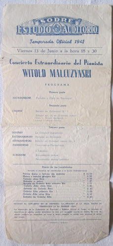 Antiguo Programa Sodre Piano Witold Malcuzynski 1947 0