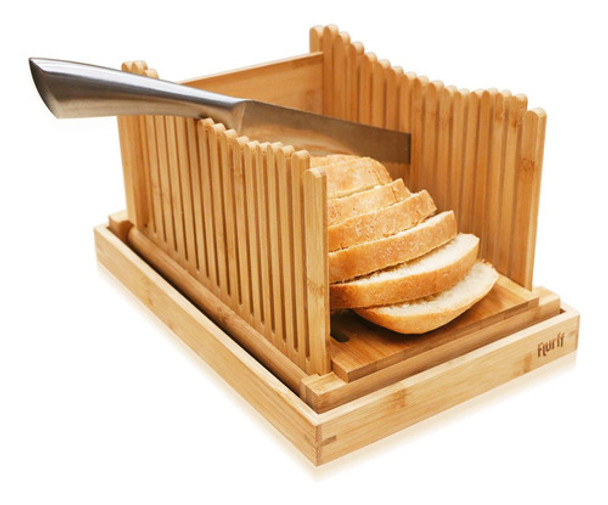 Cortador Pan Bambú Guía Plegable Bandej Para Miga + Cuchillo 0