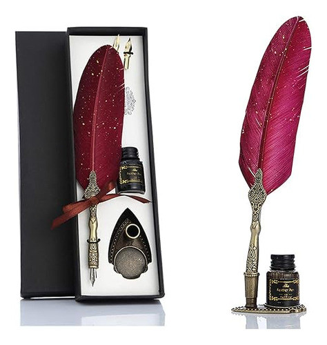 Juego De Pluma Labrada Estilo Retro+tinta+2 Puntas +base Roj 0