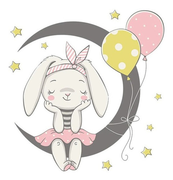 Stiker Conejita Sentada Sobre Luna, Dormitorio Bebe Niñas 0