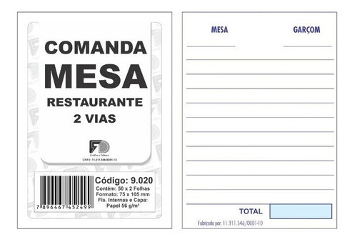 Comanda De Mesa 2 Vias 50x2 Folhas Papel 56 G/m² - Fernet 0