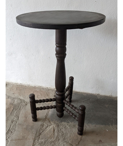 Mesa Circular Auxiliar Antigua De Madera, Patas Torneadas 0