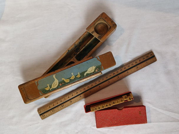 Lote Vintage Kit Artículos Escolares Madera Cartuchera Regla 0