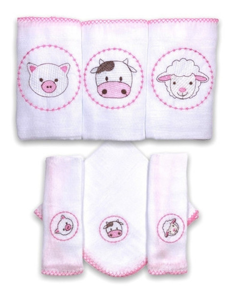 Kit 3 Fraldas De Pano + 3 De Boca Fazendinha Rosa 0