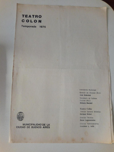 Teatro Colón,  Programa 1975.  Andrea Chenier  3 De Agosto 0