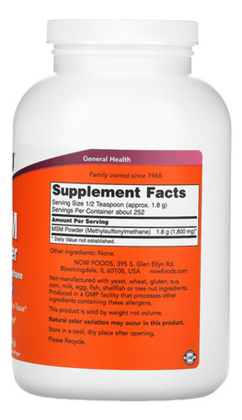 Msm Em Pó Now Foods 454g Puro Importado 0