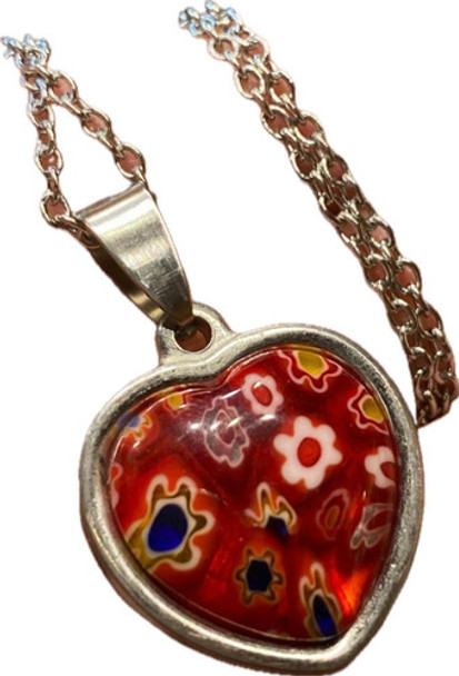 Luli Corazón Cristal Murano Milefiori Rojo Dije Cadena Acero 0