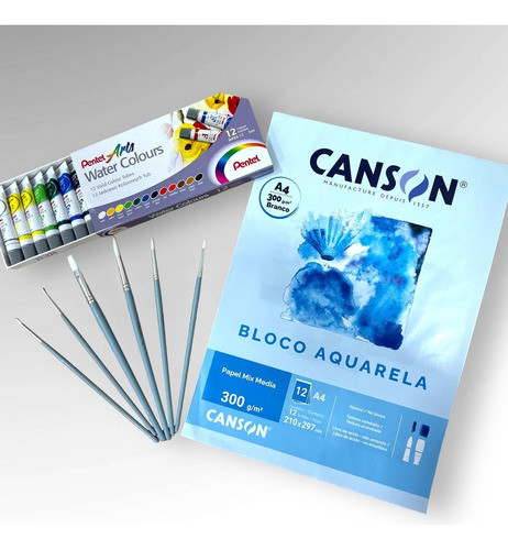 Kit Aquarelas 12  - Bloco Papel Canson -  6 Pincel 0
