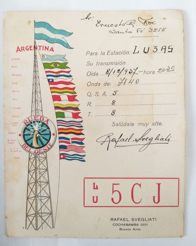 Antigua Postal  Radio Aficionado Argentina 1937 0