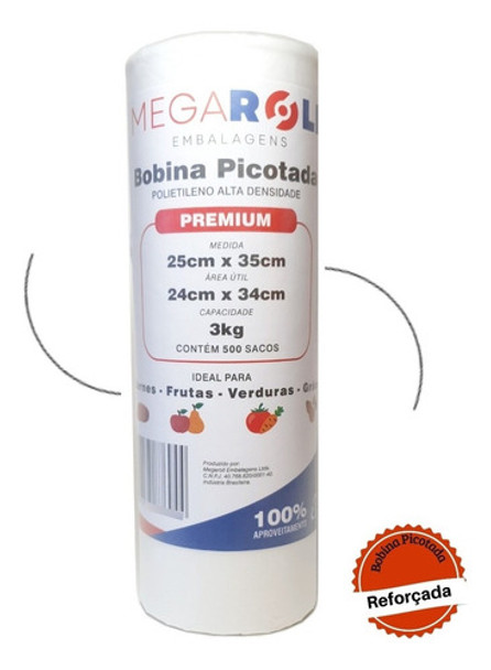 Bobina Picotada 25x35 Plástico Reforçado Fundo Reto C/ 500un 0