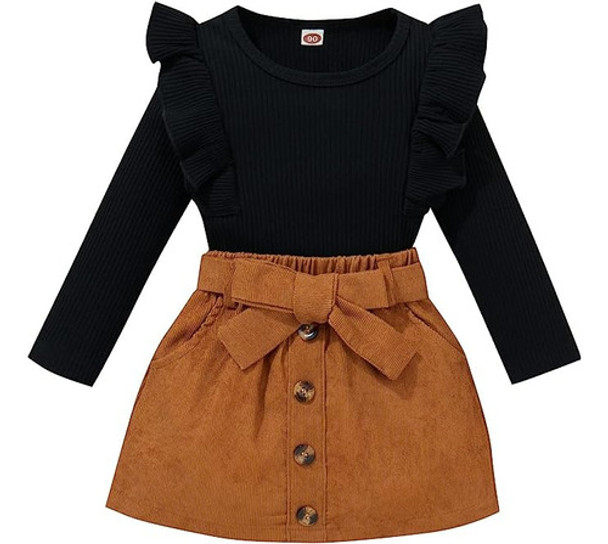 Conjunto Infantil De Menina Saia De Veludo E Blusa De Manga 0