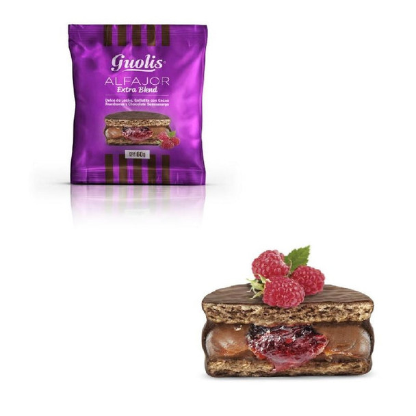 Guolis Alfajores Premium Extra Blend Semi-Bitter Chocolate Alfajor With Dulce de Leche & Raspberry Filling (box of 6)