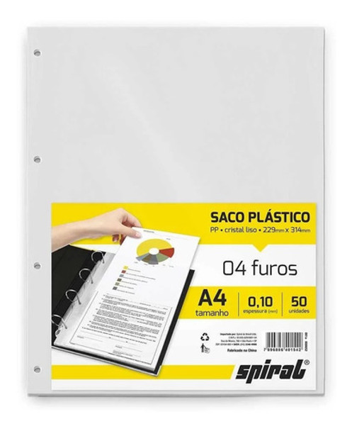 Saco Plástico 4 Furos 0,10mm A4 Pt 50 Und Cristal Liso 0