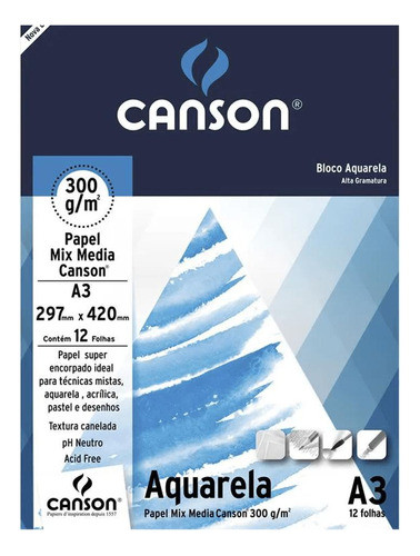 Bloco Aquarela Universitario 12fls A3 300g/m2 Canson 0