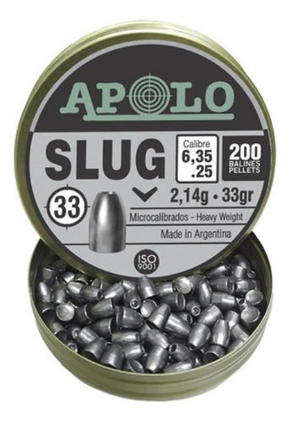 Balines Apolo Slug 6.35 Mm 33 Gr Lata X200 Punta Solida Caza 0