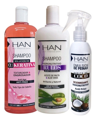 Combo X2 Shampoo Keratina - Rulos + Desenredante Han 0