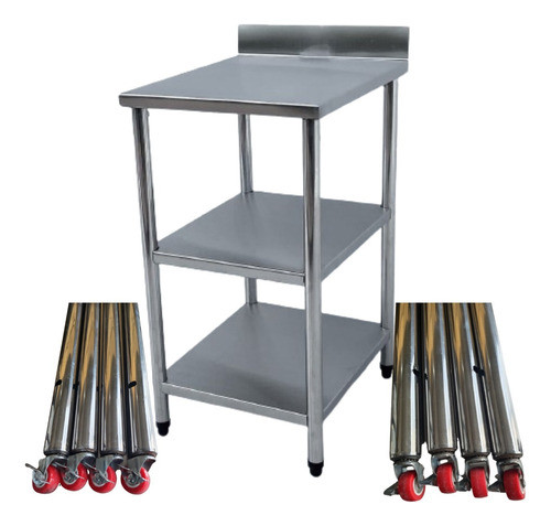 Bancada Inox Rodinhas 50x40 Mesa Inox Espelho 2 Prateleiras 0