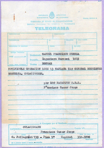 Antiguo Telegrama De Argentina 0