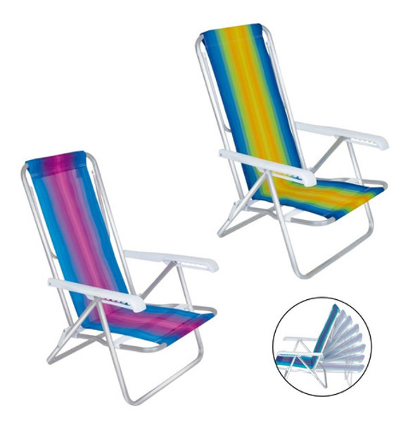 Kit 2 Cadeira Reclinável 8 Pos Alumínio Listrada Praia - Mor 0