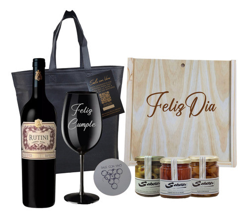 Box Madera Vino Rutini Cab Mal Copa Neg. Grabada 3 Conservas 0