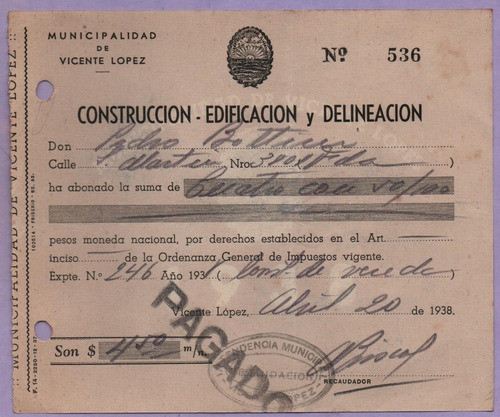 Antiguo Recibo De Construcción/edificación Y Delineación 0