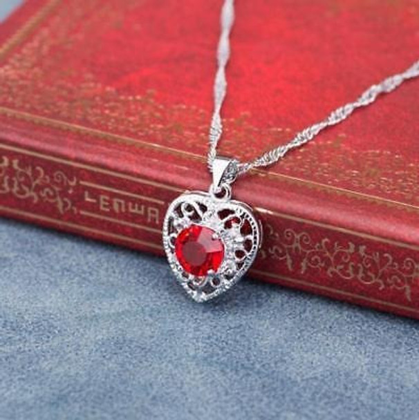 Corazón Redondo Cristal Rojo 925 Plata Esterlina Mujeres Pla 0