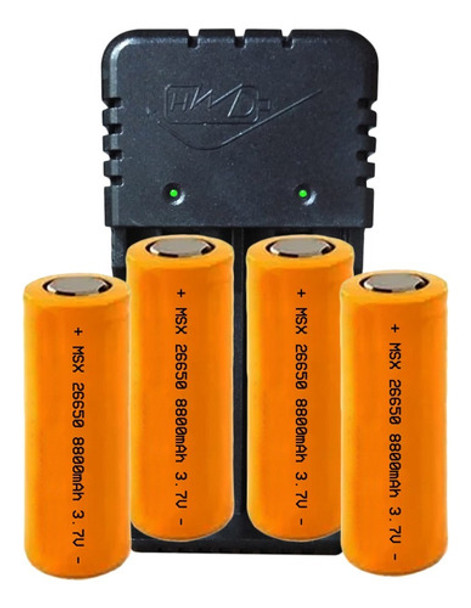 Cargador De Pilas De Litio + Con 4 Pilas 26650 3.7v 0
