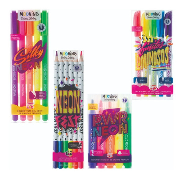 Kit Set 21 Mooving Lapiz Microfibras Roller Resaltador Neon 0