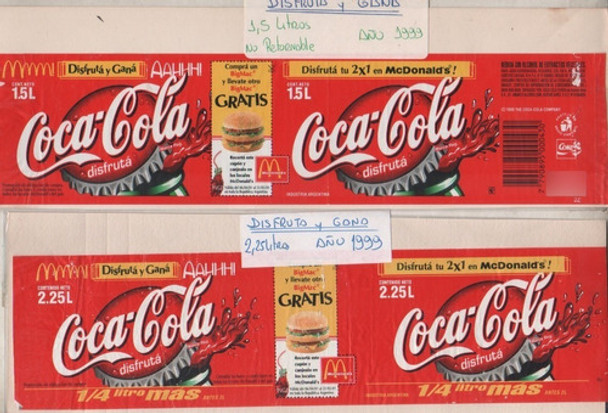 Lote De 2 Etiquetas Coca Cola * Promo Mc Donalds - Año 1999 0 Lote De 2 Etiquetas Coca Cola * Promo Mc Donalds - Año 1999 0