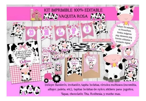 Kit Imprimible Candy Bar Vaca Vaquita Rosa 100% Editable 0