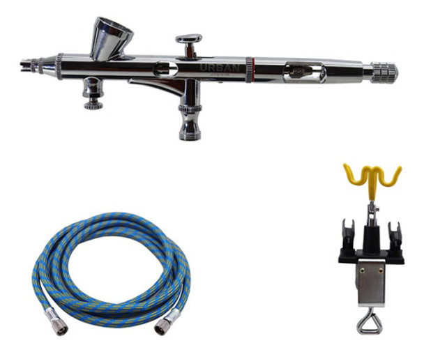 Aerógrafo Dupla Ação Copo Fixo Bico 0,3 Mangueira + Suporte 0
