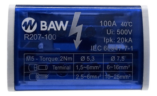 Bornera Distribución Bipolar 7x2 100a 7 Contactos - Baw 0
