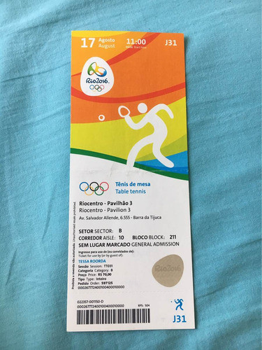 Tenis De Mesa Ingresso Olimpiadas Rio 2016 Comemorativo 0