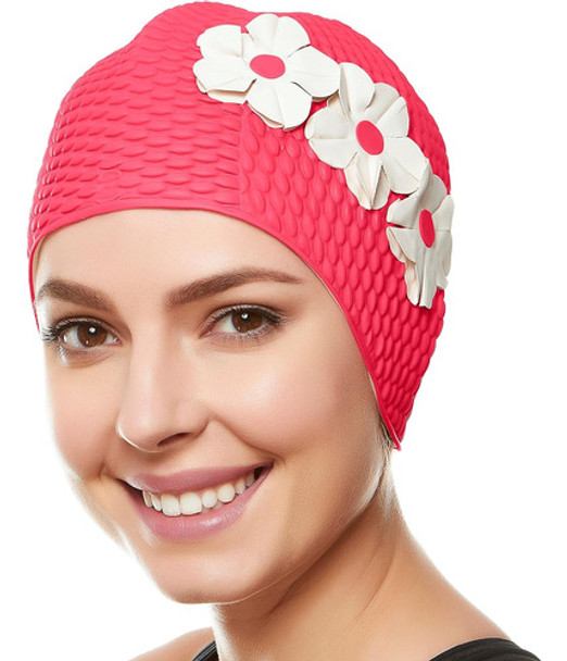 Látex Bubble Crepe Gorra Natación Flores Rosa Blanco 0