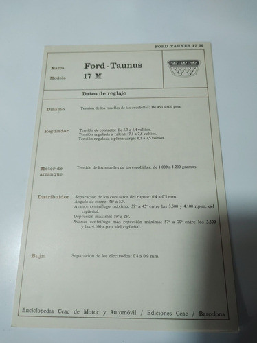 Ford Taunus 17 M Ficha Técnica Sistema Eléctrico 0