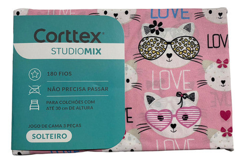 Jogo De Cama Solteiro Corttex 180 Fios Studio Mix Gato 0