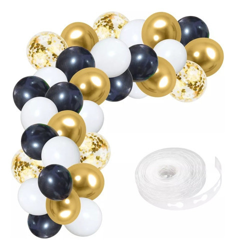 Arco De Globos Confeti Cinta Chico - Blanco Negro Dorado 0