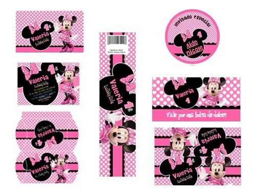 Kit Imprimible Minnie Mouse Rosa Y Negra Tarjetas Cumples Ca 0