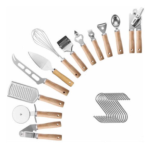 Kit X12 Utensilios De Cocina Set Mango Madera Punta Acero 0