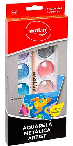 Aquarela 12 Cores Metálica + 2 Pinceis Molin Metalizadas Art 0
