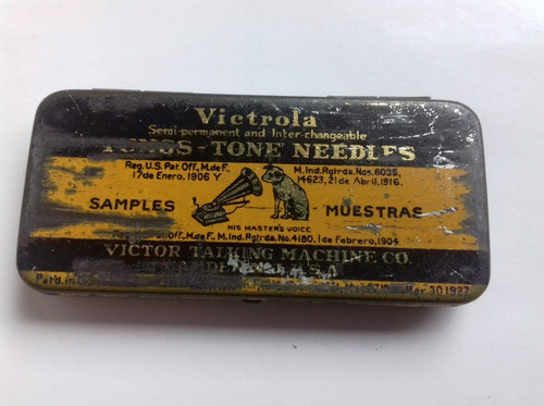Lata Caja De Puas De Vitrola Victor Con Una Pua Original 0
