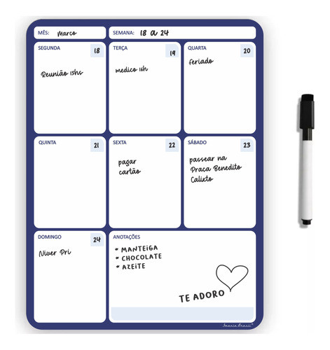 Quadro Lousa Magnetica Semanal Geladeira Planner Dieta 0