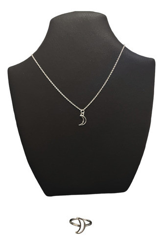 Conjunto Cadena Delicada Con Dije + Anillo Luna Plata 925. 0