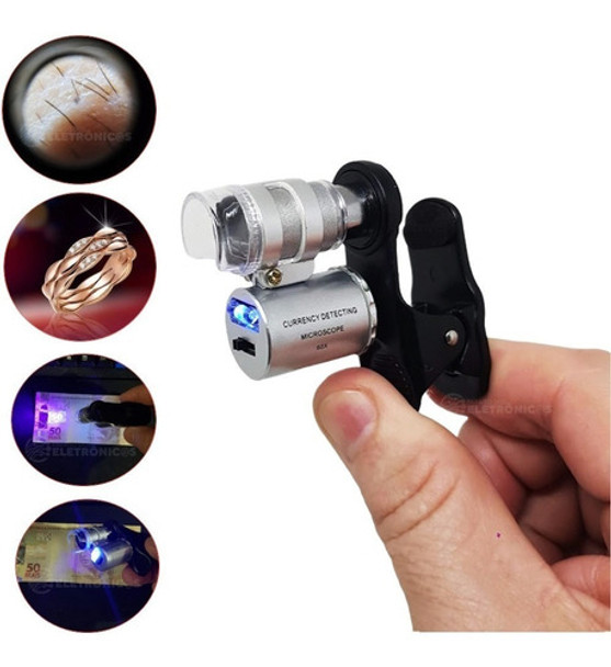 Mini Microscópio Lupa Clipzoom 60x Led Uv Celular Smartphone 0