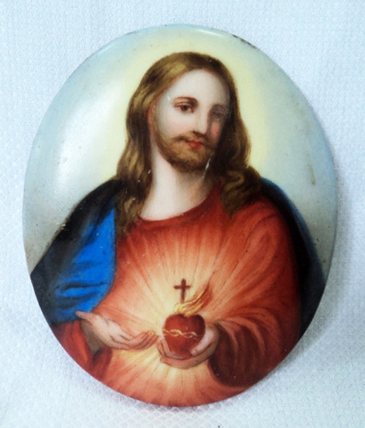 Antigua Pintura Sobre Porcelana Corazon De Jesus Cristo B120 0
